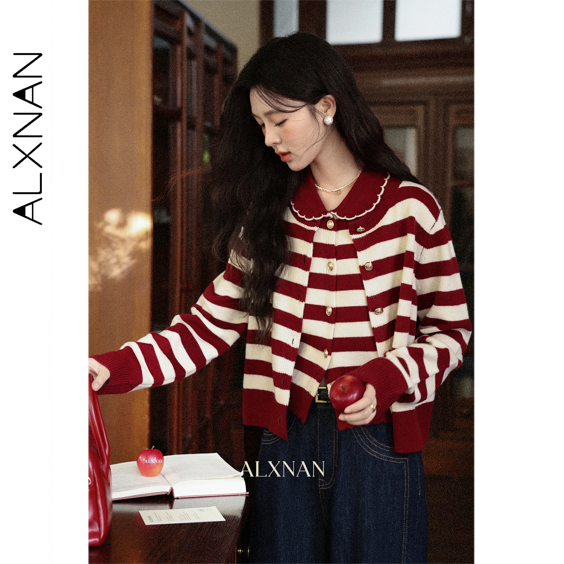 

ALXNAN Women's Vintage Red Striped Knitted Cardigan Autumn Long Sleeve Sweater Casual Round Neck Metal Button Knit Top L57216