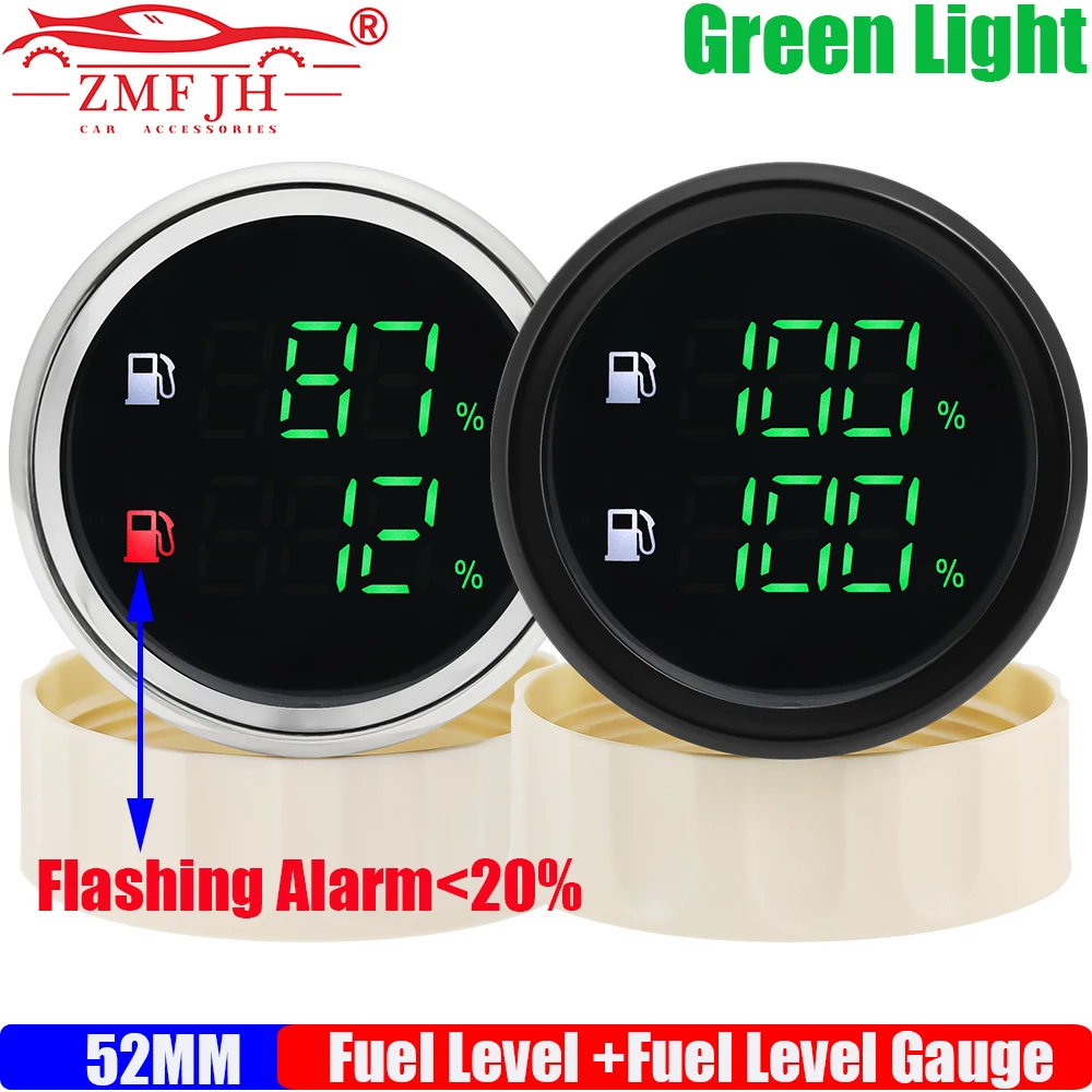 

ZMFJH Цифровой датчик уровня топлива 52 мм с мигающей сигнализацией 0-190 Ом, двойной индикатор уровня масляного бака, зеленый светодиод для морской лодки