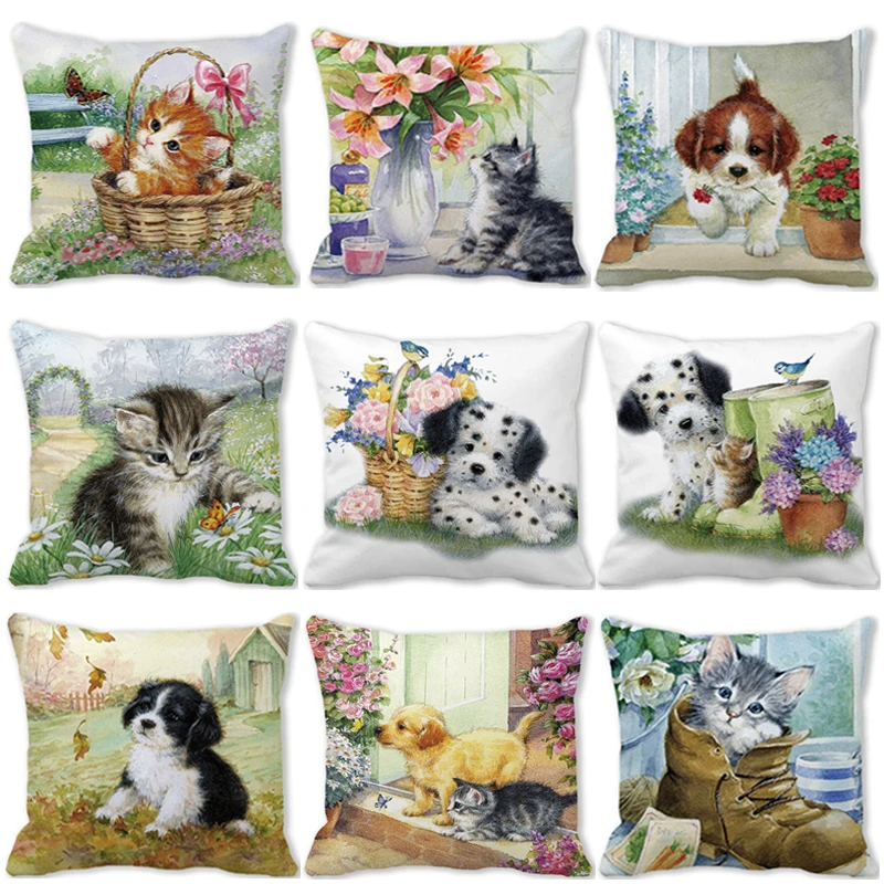 

Cute Cats Dogs Pillow Cover 40x40cm Flower Animals Pillow Case Home Sofa Car Cushion Covers Bedding Decorations Throw Pillowcase