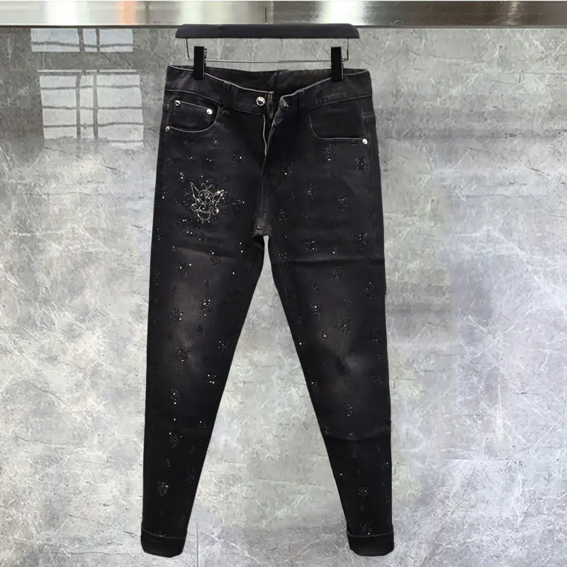 

2023 Autumn Black Hot Diamond Slim Little Feet Jean Men Trend Heavy Industry Korean Version Slim Tide Brand Pant Vaqueros Hombre