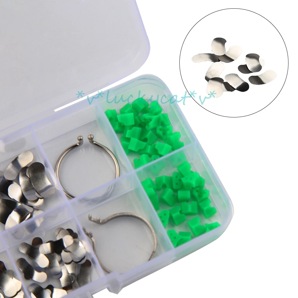 Dental orthodontic Metal forming wedges dental forming piece with Metal Rings set 100 forming pieces + 40 green triangles set