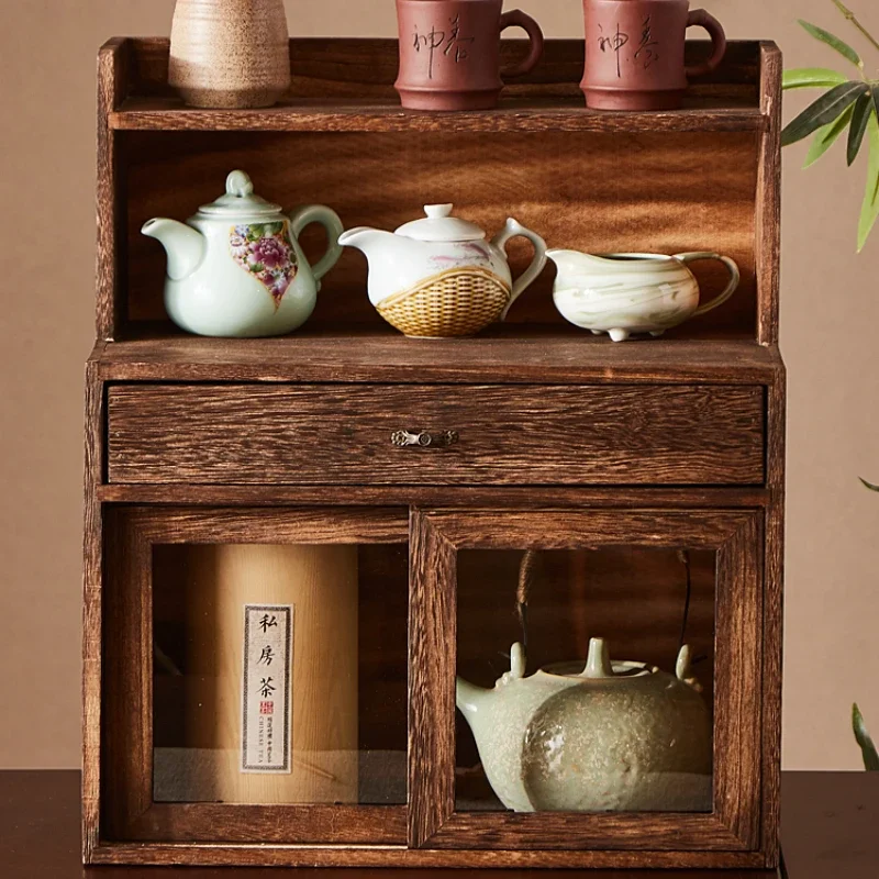 Desktop Teacup Storage Cabinet, Tea Set Display Shelf, Dustproof Organizer, Elegant Wooden Box, Antique Decor