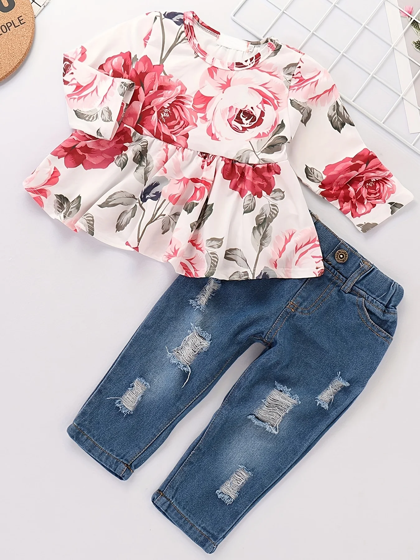 2pcs Baby Girls Clothing Cute Flower Print Ruffle Long Sleeve Top & Denim Trousers Set Baby Clothes For Autumn And Winter