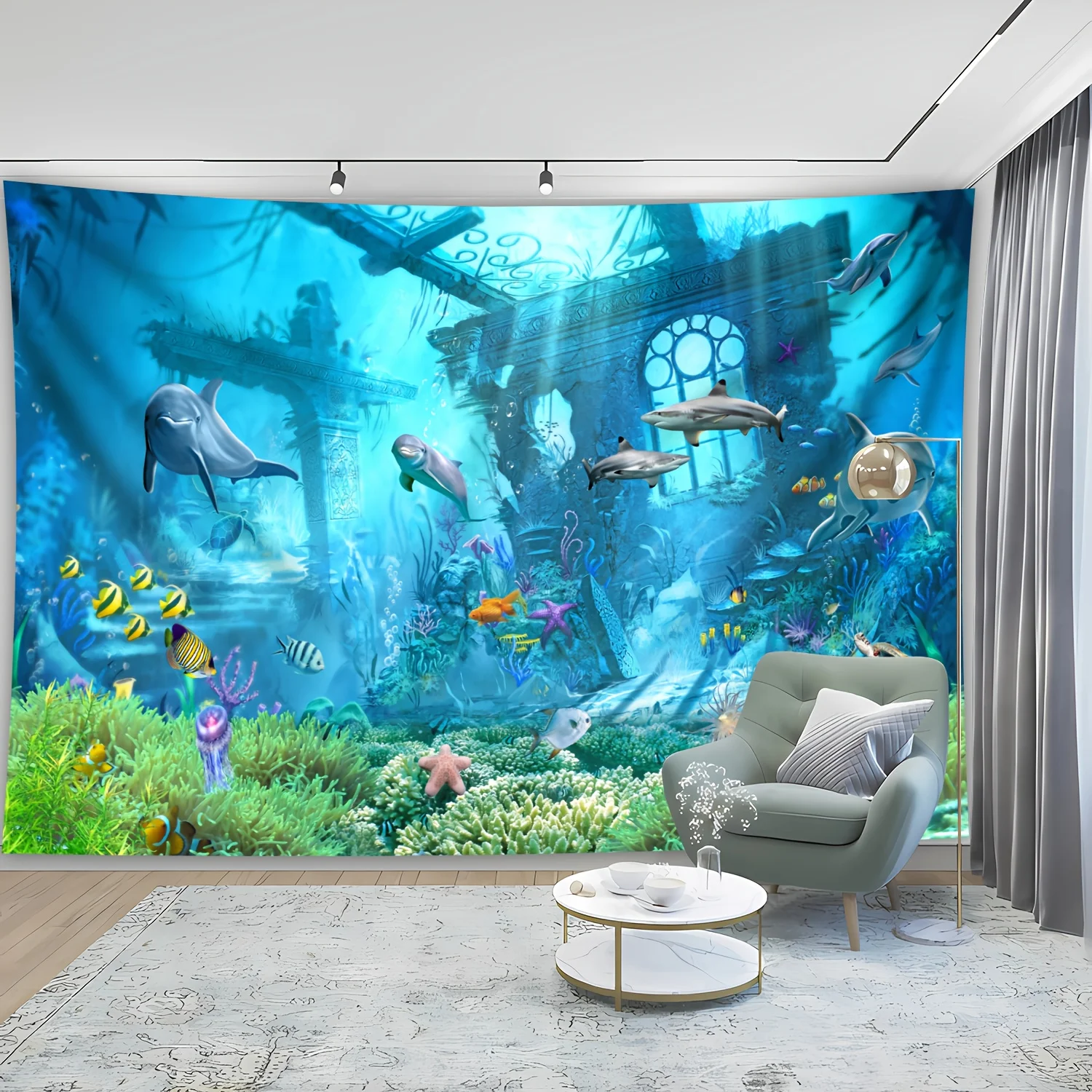 VIKAMA Mystical Underwater World Cute Dolphin Tapestry, Ocean Sea Life Wall Hanging For Bedroom, Living Room & Dorm, Home Decor