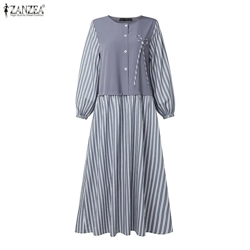 ZANZEA Muslim Women Maxi Dress Patchwork Striped Long Sleeves Bow Detail Abaya Robes Islamic Hijabis Modest Ramadan Eid Kaftan