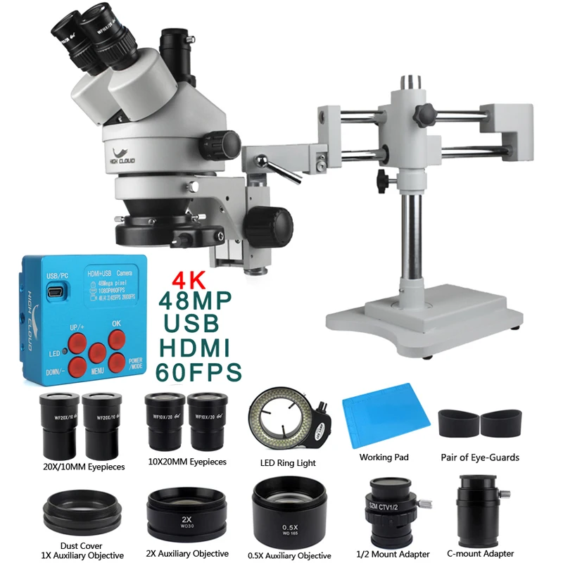 3,5X 90X 180X Simul-Focal Double Boom Stand Trinokular Stereo Zoom Mikroskop 48MP 4K HDMI USB Kamera 144 LED Licht Mikroskopie