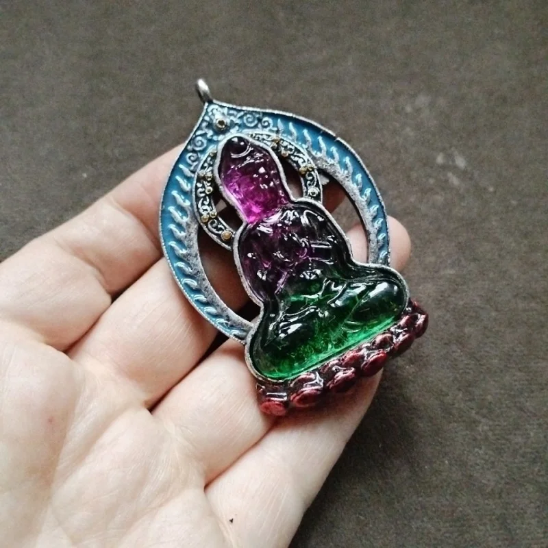 Backflow Wrapped Pulp Old Inlaid Avalokitesvara Pendant Tibetan Silver Tourmaline Guanyin