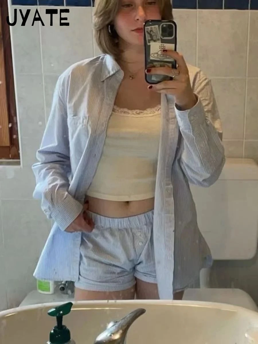 女性のための青いストライプのブラウスとショーツのセット,カジュアルな短いストレートパンツ,ヴィンテージの衣装,ルーズボタン,巾着,甘い,新しいコレクション