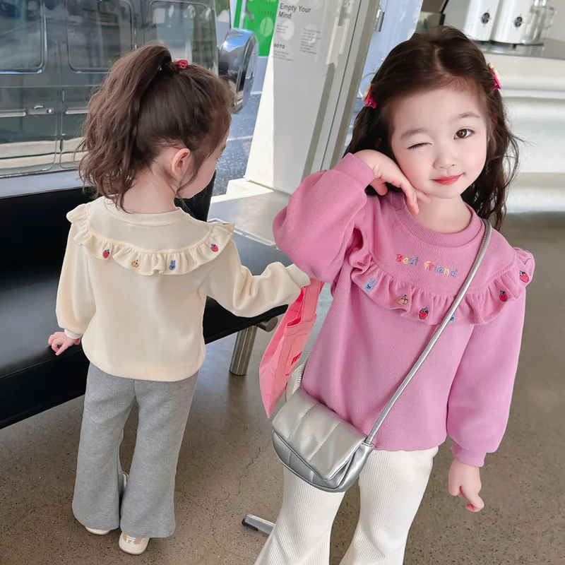 

Kids Girls Sweatshirt Long Sleeve Crew Neck Embroidery Letters Fruit Pullover Hoodie Clothes Spring Autumn 2025 New