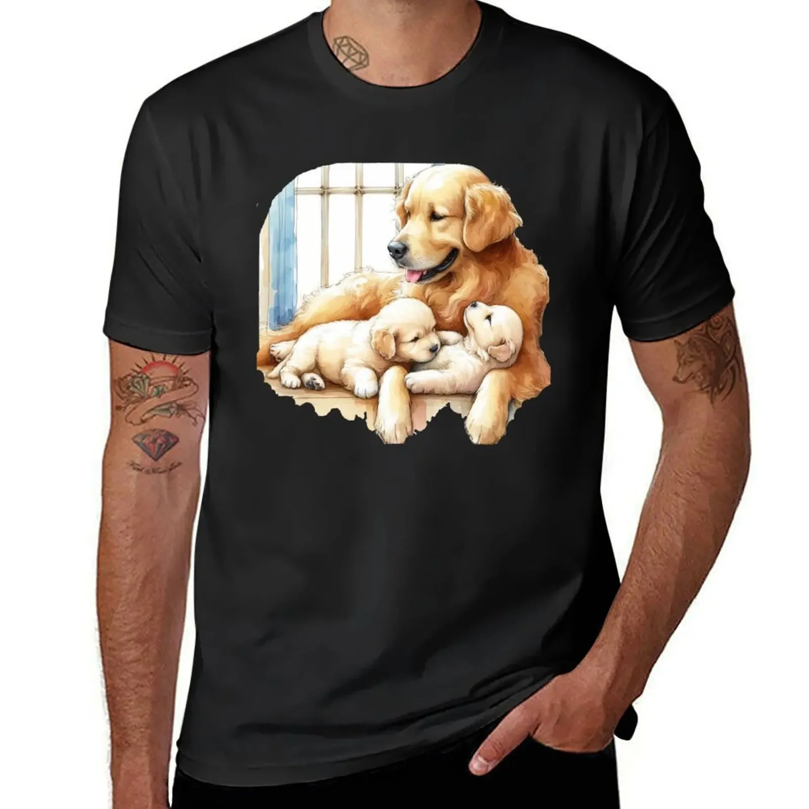 

Golden Retriever Mom and Puppies Sketch , T-Shirt anime t shirts boys animal print slim fit t shirts for men