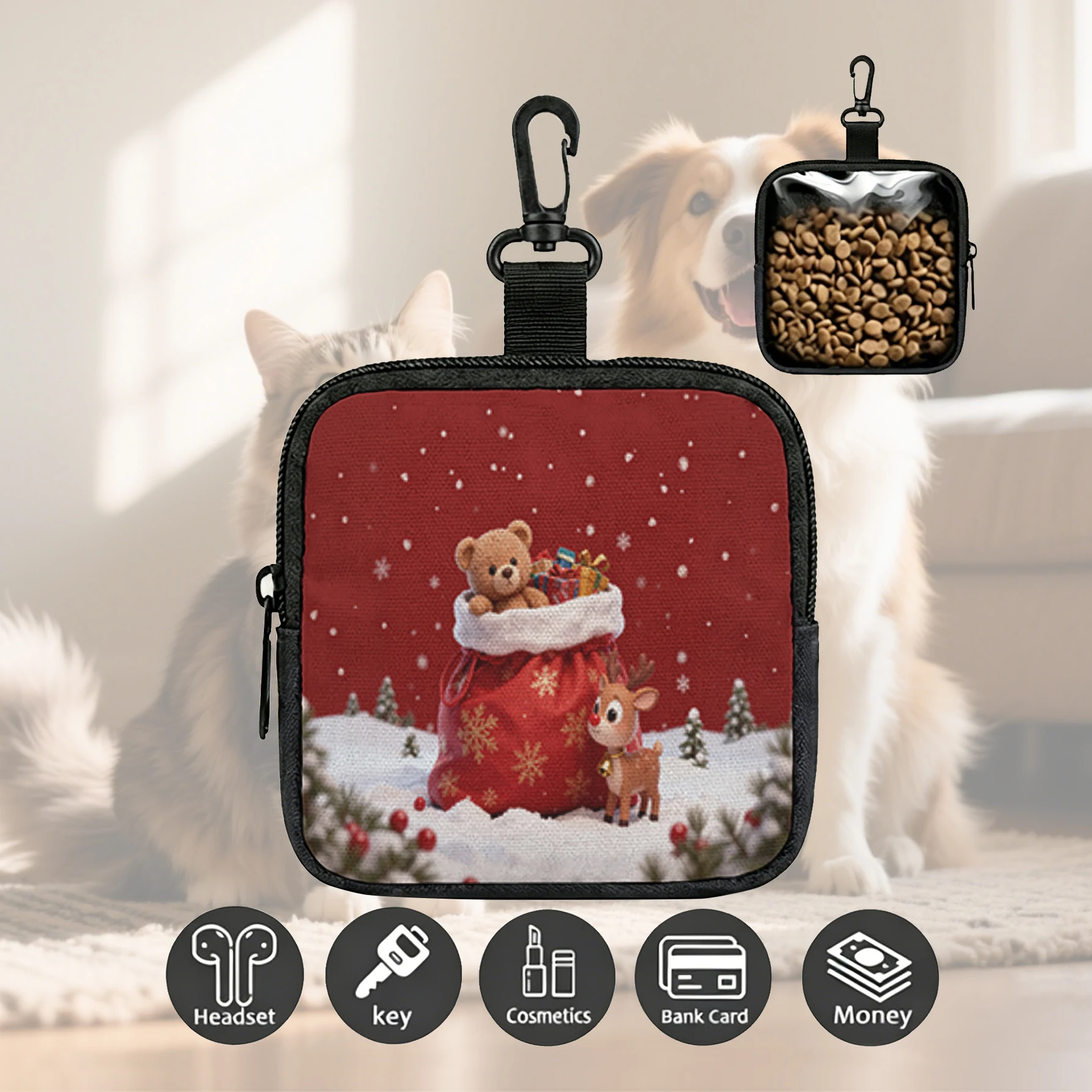 Christmas Bear Reindeer Gift Sack Print Pet Treat Bag Mini Zipper Pouch With Carabiner, Portable Dog Snack Pouch