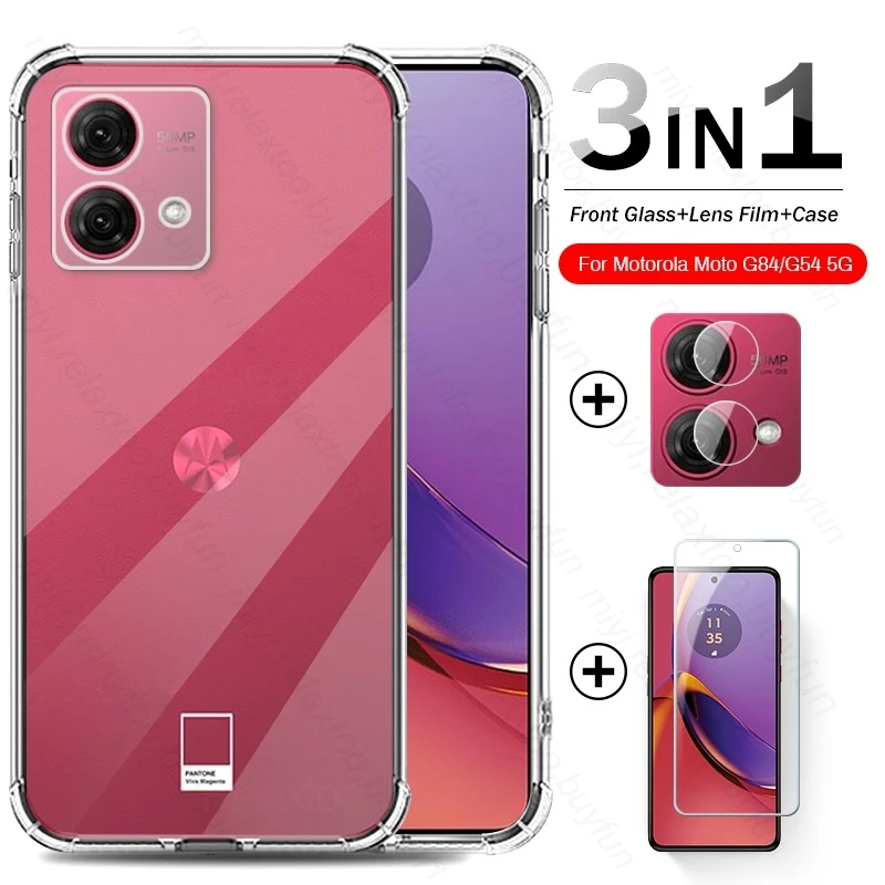 3To1 MotoG84 5G Case + Camere Lens Screen Protector Tempered Glass For Motorola Moto G84 G54 G 84 54 5G TPU Soft Protect Fundas