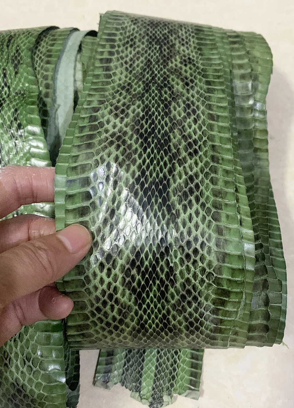 Green printing pattern Natural Leather Snake Skin for Phone Case, Leather Bag, Shoe Belt DIY, Handmade Leather Material