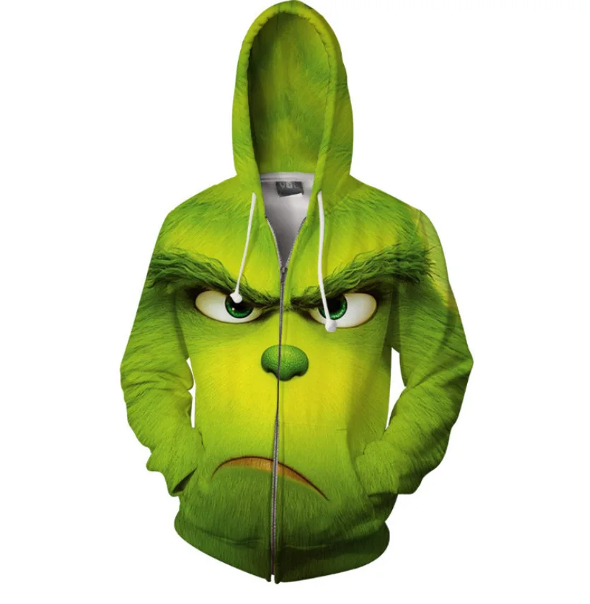 Sudadera con capucha para adultos y niños, suéter de manga larga con estampado 3D de monstruo peludo verde Feliz Navidad, traje de Cosplay de Anime cálido para fiesta