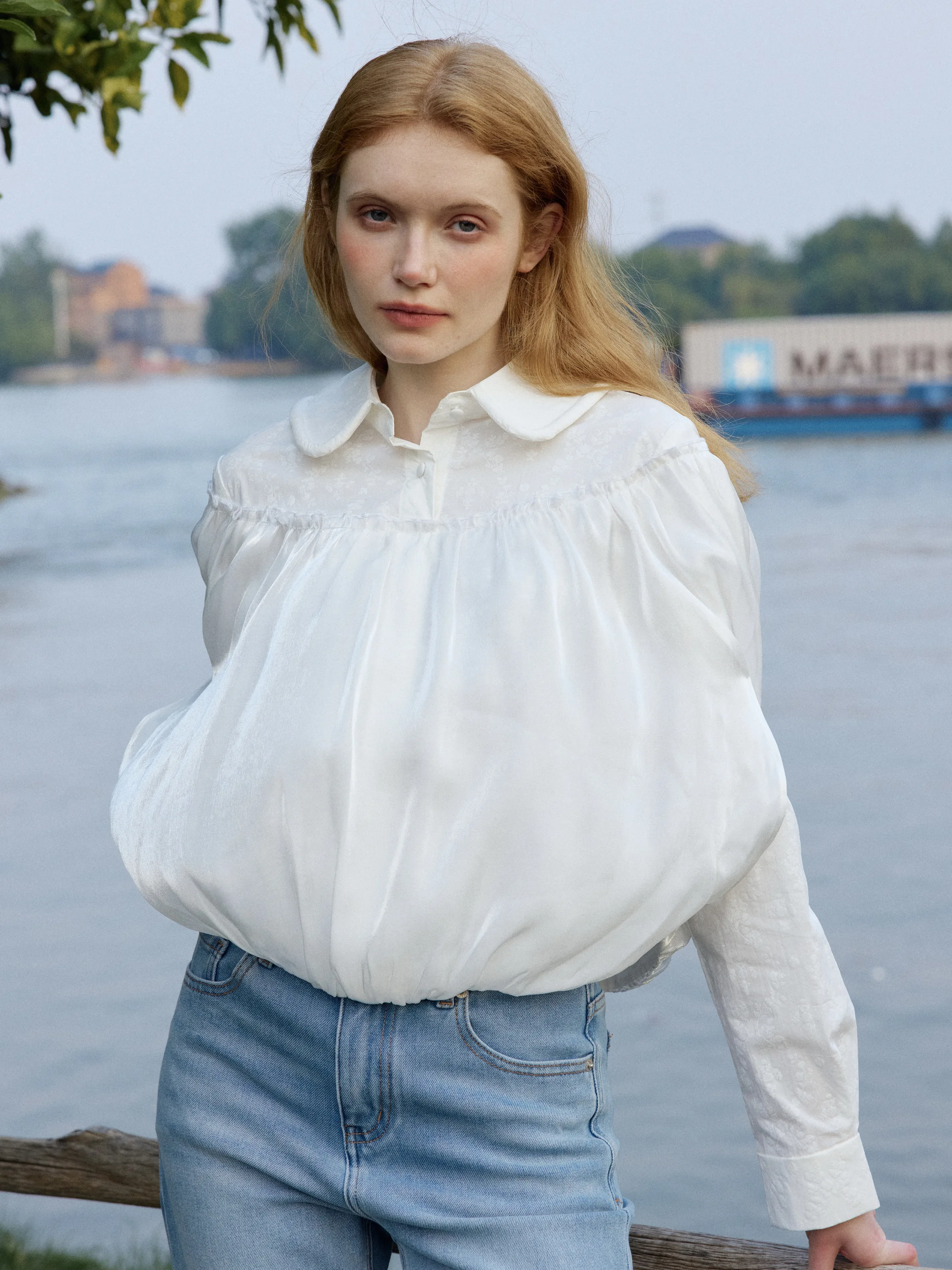 

Star Mountain Bag Doll Collar Long Sleeve Ogeesha White Shirt Heavy Work Casual Loose French Style Women's Shirt Polyester