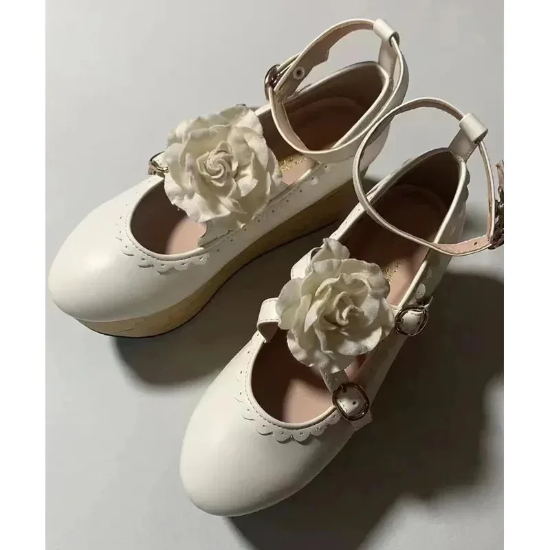 

qq 123Womens Platform High Heel Pumps rose bows Cross-straps Lolita Cosplay Creepers Japanese Harajuku Shoes Rocking Horse New 2