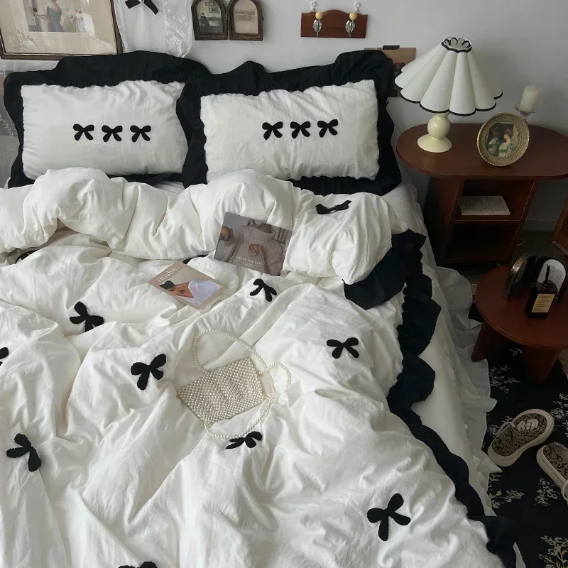 Black Bow Cotton Bedding Set, Princess Style Cute Girl Skin Friendly Soft Duvet Cover, Bed Sheet or Bed Skirt Pillowcase