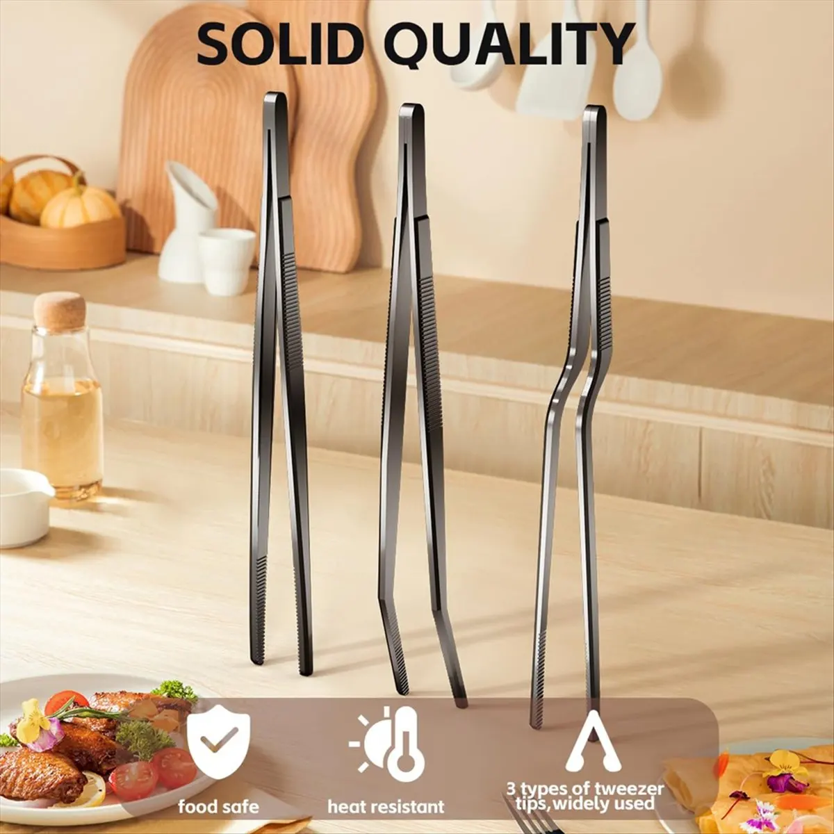 AA14 3 Pcs 30cm Fine Tweezer Tongs, Extra-Long Stainless Steel Cooking Tweezers, Multi-Function Tips Kitchen Serving Tong