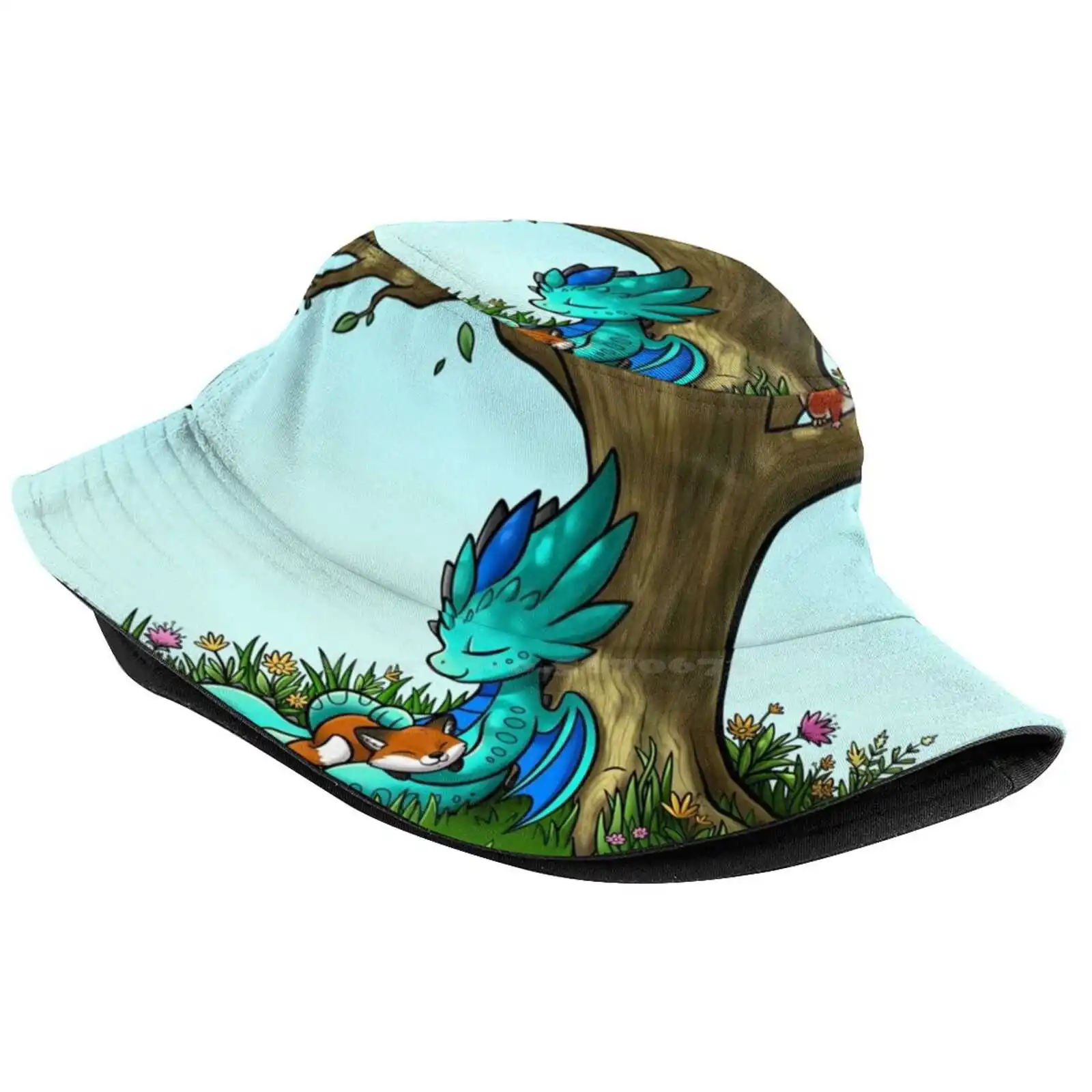 Kit & Biscuit 'Under A Tree' Sun Cap Fisherman Hat Bucket Hats Kit Biscuit Dragon With Fox Forest Critter Cute Fox