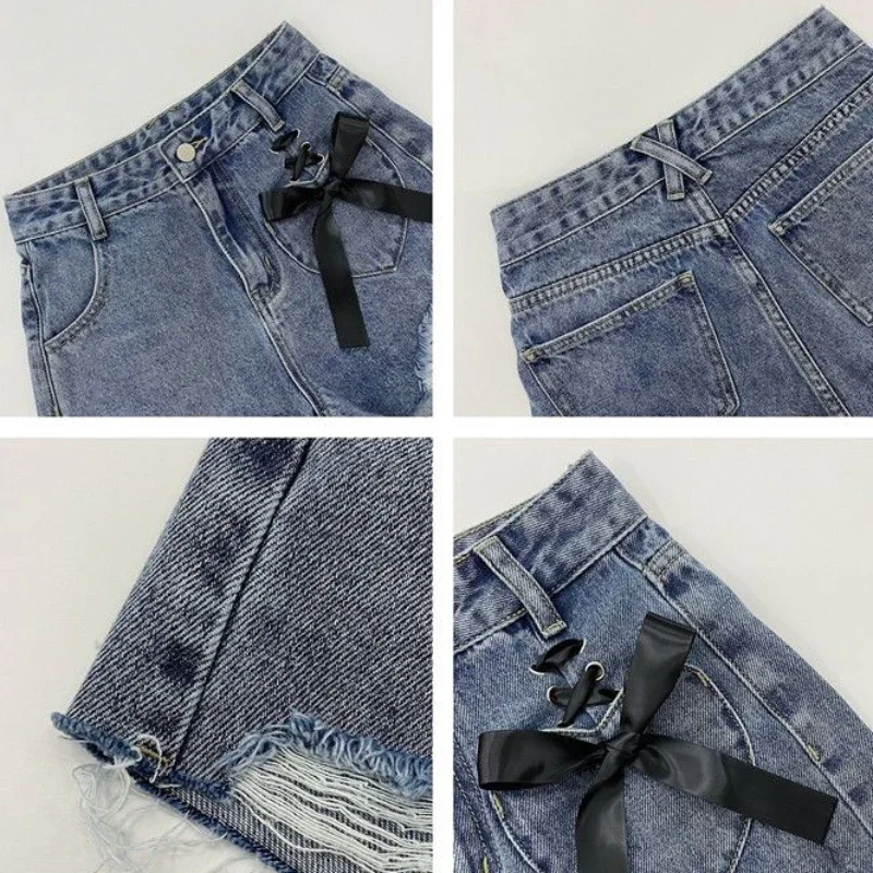 Vrouwen Y2k Shorts Effen Denim Bandage Gescheurd Hiphop Hoge Taille Boog Zoete Vintage Koreaanse Stijl Nieuwe Harajuku Zomer Schoolmeisjes