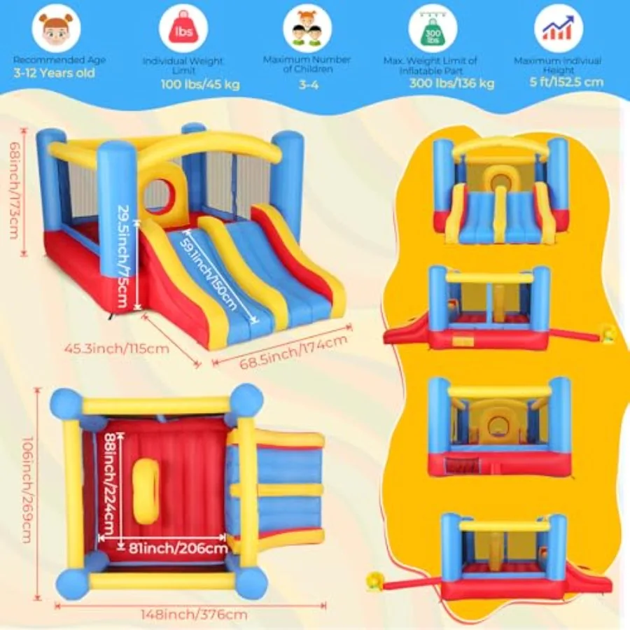 Bounce House, Inflatable Bounce House for Kids 3-12, Indoor/Outdoor Double Slide Obstacle Bouncer with Blower, 12 x 9FT