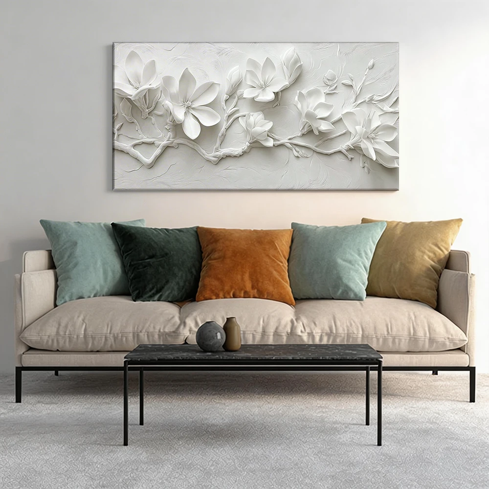 Cuadro de lienzo con marco de madera maciza de gran tamaño, 1 pieza, decoración de pared con diseño de magnolia blanca.