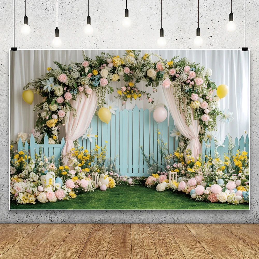 Toile de fond de mariage de fleurs de printemps, arc floral, porte verte, douche de mariée, décoration de fête de Pâques en plein air, fond de photographie