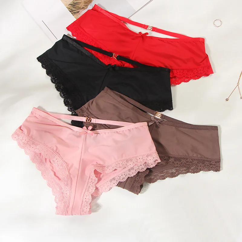 PINK Style Cross Waistband Lady Pants comfortable Ice Silk Women\'s Underwear Sexy Hollow Out Underpants  Lace Edge Female Briefs