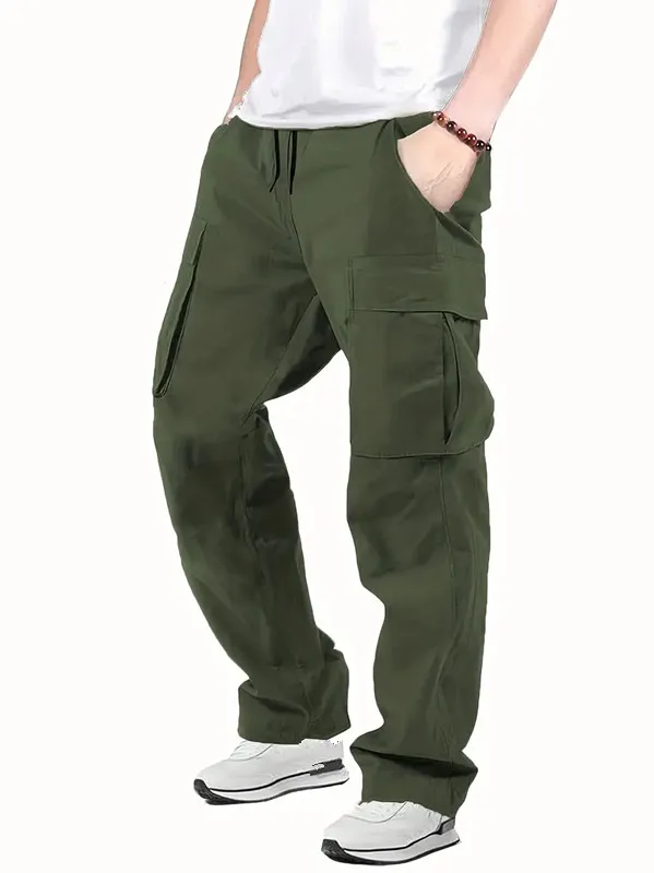 Mens Casual Jogger กางเกง Relaxed Fit Cargo กางเกง Drawstring Sweatpants เดินป่ากลางแจ้ง Twill กางเกงกีฬา