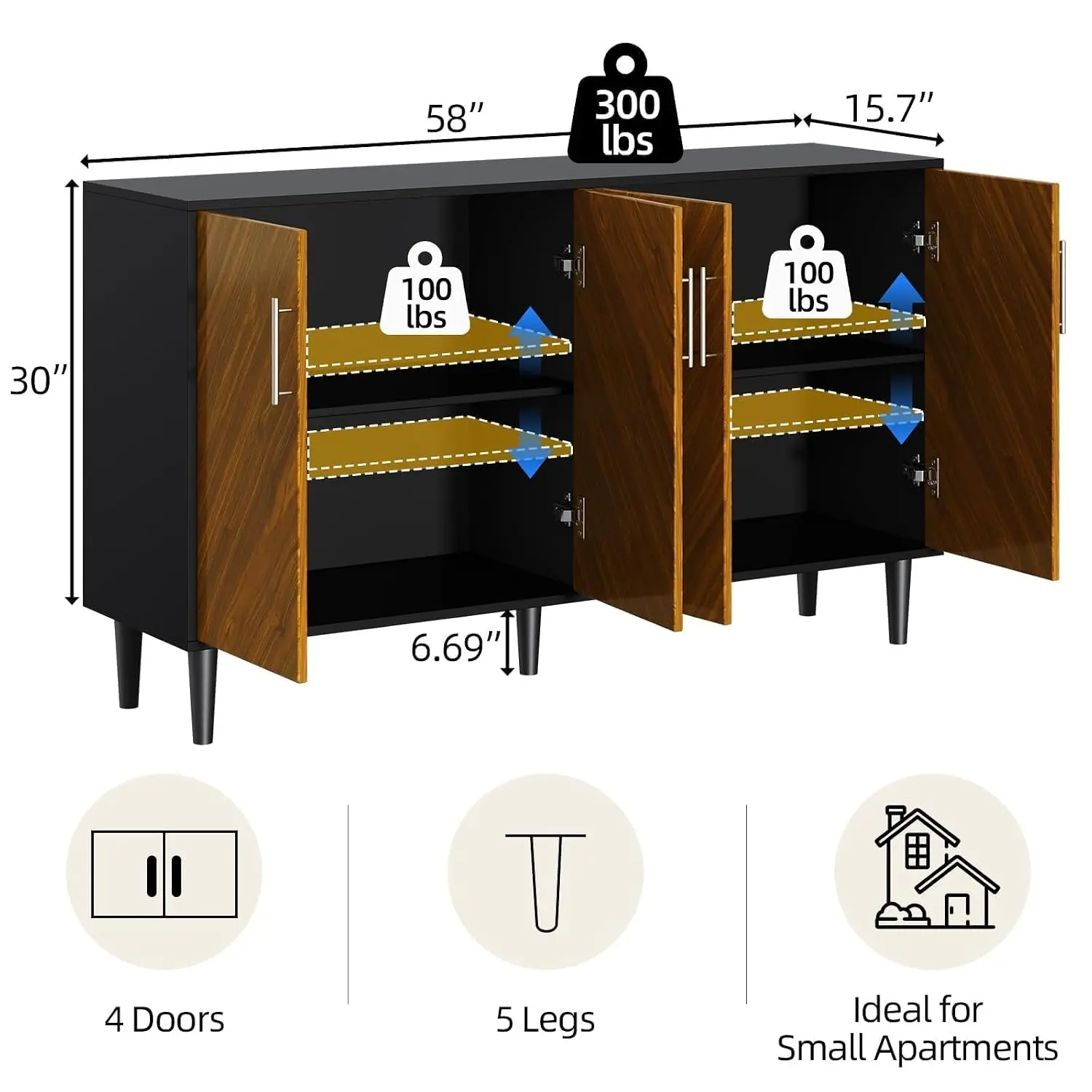 58-Inch Mid-Century Modern Sideboard Buffet Cabinet Black Storage Dining Room Living Room, Customized