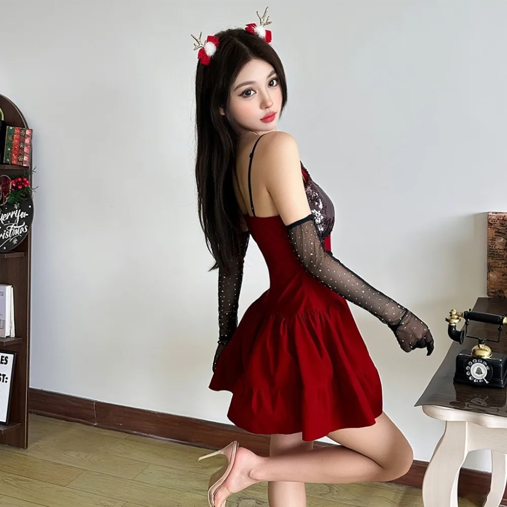 SylCue Weihnachtsfeier-Stil, Minikleid, Damen, Pailletten, Patchwork, tiefer Ausschnitt, ärmellos, rückenfrei, süße Mädchen, gerüscht, elegant, figurbetont