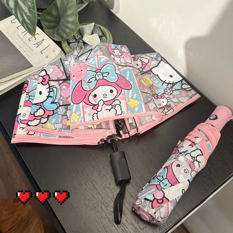 

New 2026 Sanrio Hangyodon Transparent Umbrella Kuromi Automatic Cinnamoroll Windproof Thick Portable for Teen Girls Daily Toys