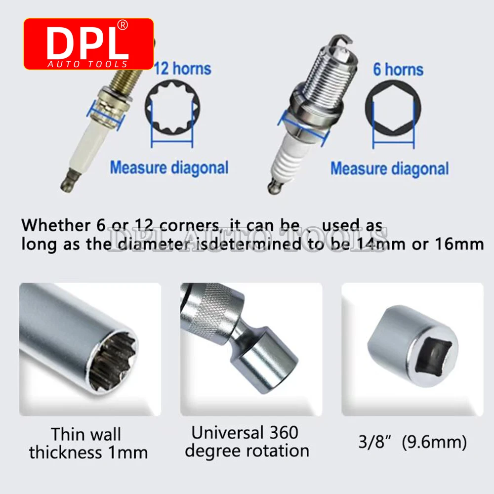 14mm/16mm Magnetic Spark Plug Socket Wrench 12 Angle Repair and Removal Tool Thin Wall 3/8 Inch Auto Repair Tool