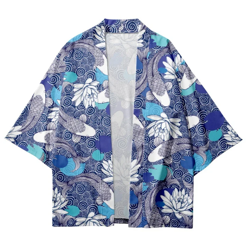 Verão japonês solto harajuku carpa lótus impresso kimono cardigan calças recortadas homens cosplay yukata