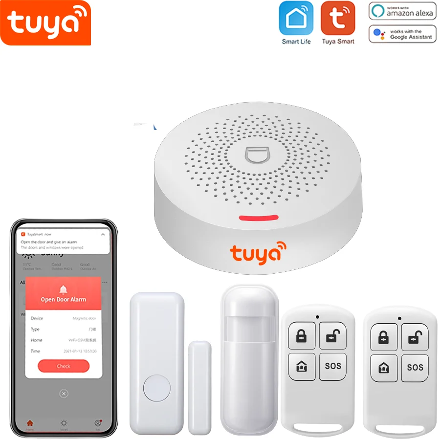 tuya WiFi Door Alarm System, Wireless  Smart Home Security System,Alarm Siren, Door Window Sensor, Remote)for House, Apartment