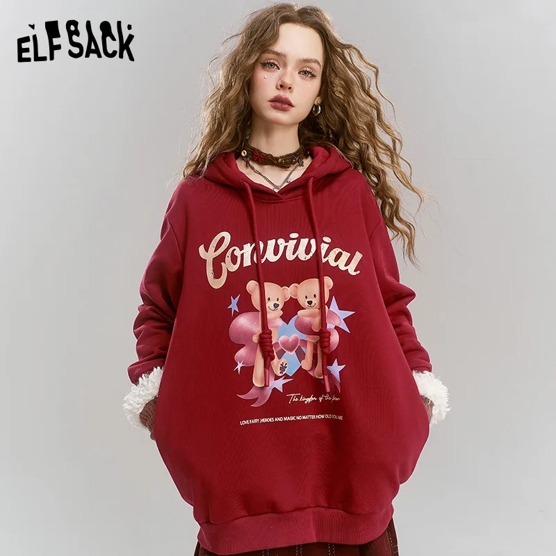 ELFSACK 2024 Winter New Arrivals Original printed red hooded fleece warm hoodie for women