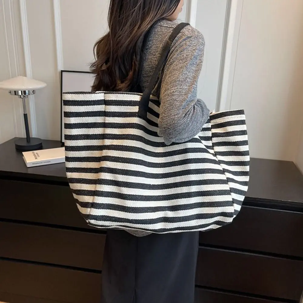 Bolsa de lona simples feminina grande capacidade bolsa novo estilo listrado elegante personalizado ombro múmia tote