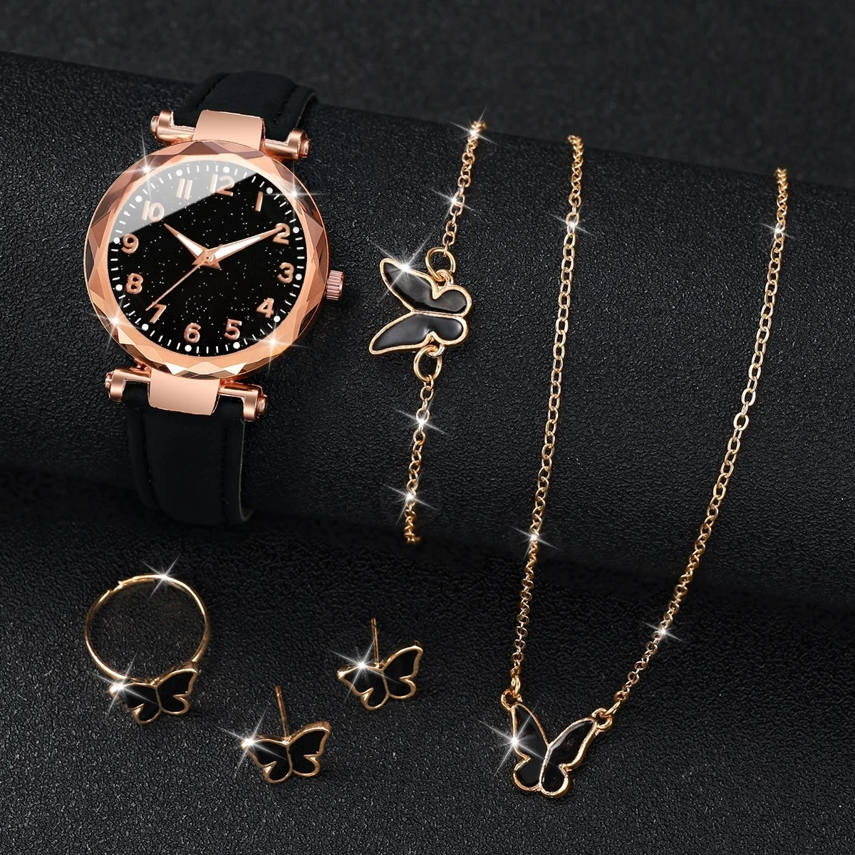 6 pz/set orologio al quarzo con cinturino in pelle nera da donna con Set di gioielli a farfalla