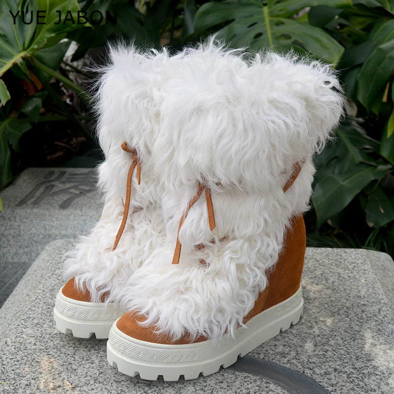 

White Wool Fur Snow Boots Brown Suede Winter Warm Bandage Shoes Thick Platform Sole Height Increased Roman Ankle Boots Women