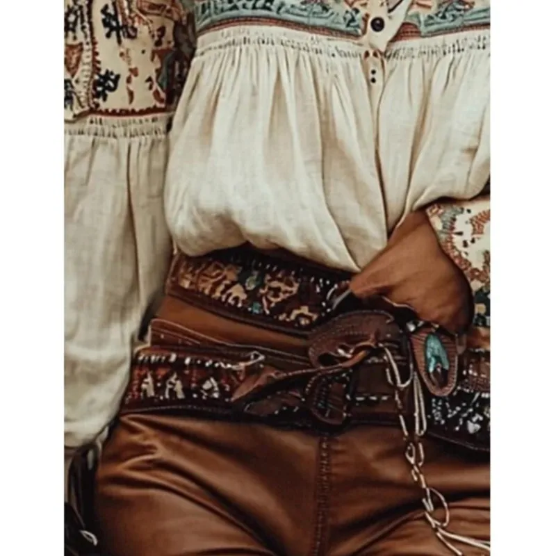 بوهو قبالة الكتف بلوزة المرأة 2025 جديد العرقية طباعة طويلة الأكمام تكدرت موضة عادية قميص الخريف الهبي نمط فضفاض صالح #3