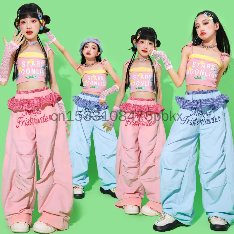 ガールズファッションヒップホップダンスセットカラフルなオフショルダートップス子供ストリートスタイルkpopグループステージショー服