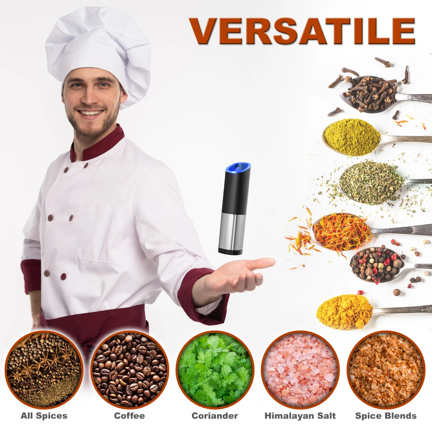 مطحنة أوتوماتيكية لتوابل الملح والفلفل، باللون الأسود والفضي