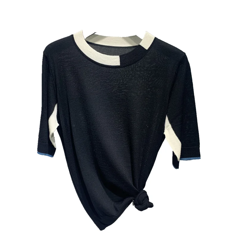 Fashion thin cashmere knit short sleeve women Korean patchwork color loose collar half sleeve wool T shirt casual bottom