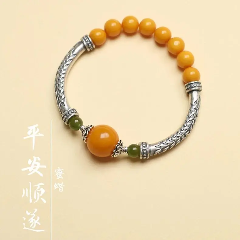 

Natural Chicken Fat Yellow Beeswax Bracelet for Women Pure Silver Bent Tube Ethnic Style Accessory Gift for Friends