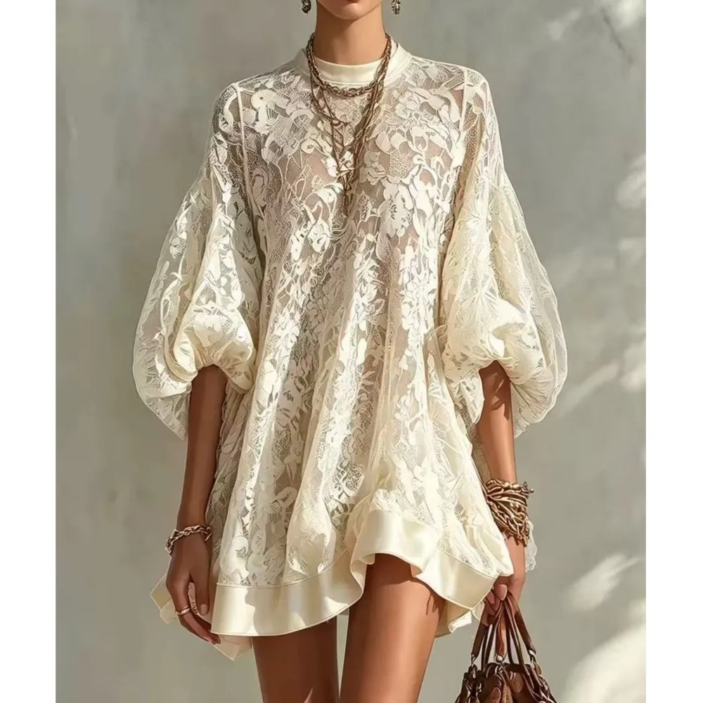 Women's Autumn New Lace Splicing Loose Dress Fashionable Puff 7-quarter Sleeves Women's Princess Skirt Elegant Lace A Line Dress