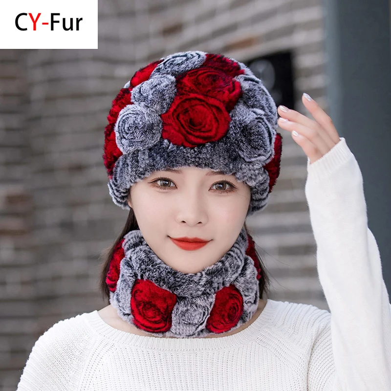 

Winter Knitted 100% Natural Fur Hats Scarves Sets Women Warm Real Rex Rabbit Fur Hat Scarf Lady Fashiom Thick Rex Rabbit Fur Hat