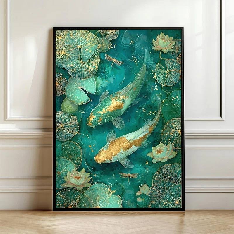 Multiple sizes 1pc frameless Canvas Painting,Elegant Crane Koi Fish Emerald Green Pond Posters and Prints Canvas Printing Wall A