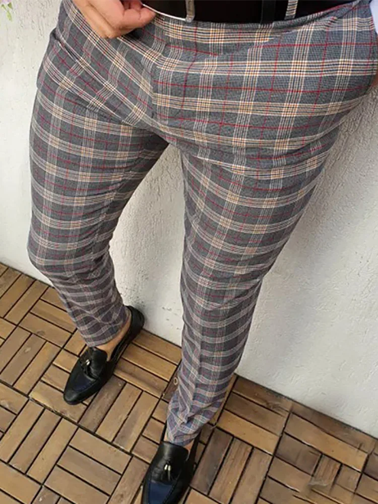 Business Men Office Classic Stripe Print Slim Pants England Style Casual Pockets Trousers New Streetwear Gentleman Pencil Pants