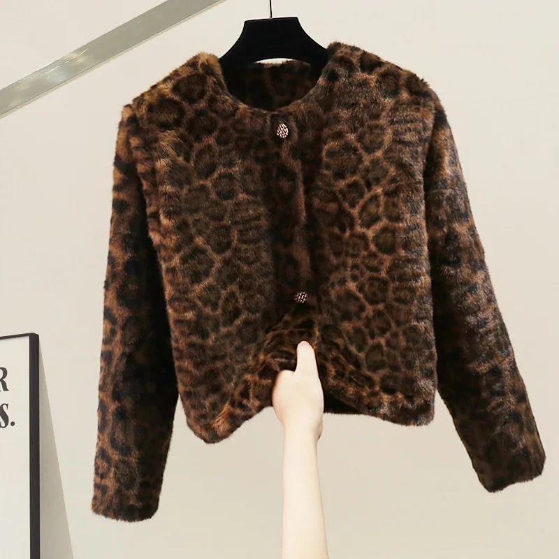 

Korean Sle Heavy Du Single Button Leopard Print Sweater Jaet Loose Long Sve Faionable Versatile Autumn Winter Top