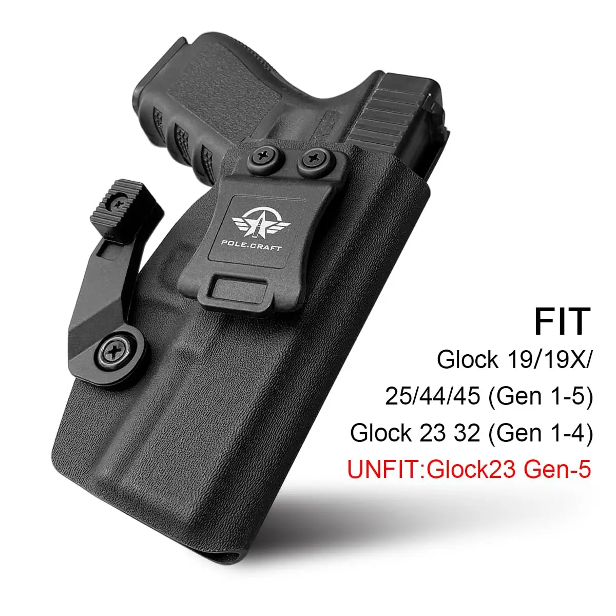 IWB Kydex 홀스터 클로 핏, 내부 허리띠 은폐 캐리, 글록 19 19X 25 44 45 (Gen 1 2 3 4 5) 및 글록 23 32 (Gen 3 4)